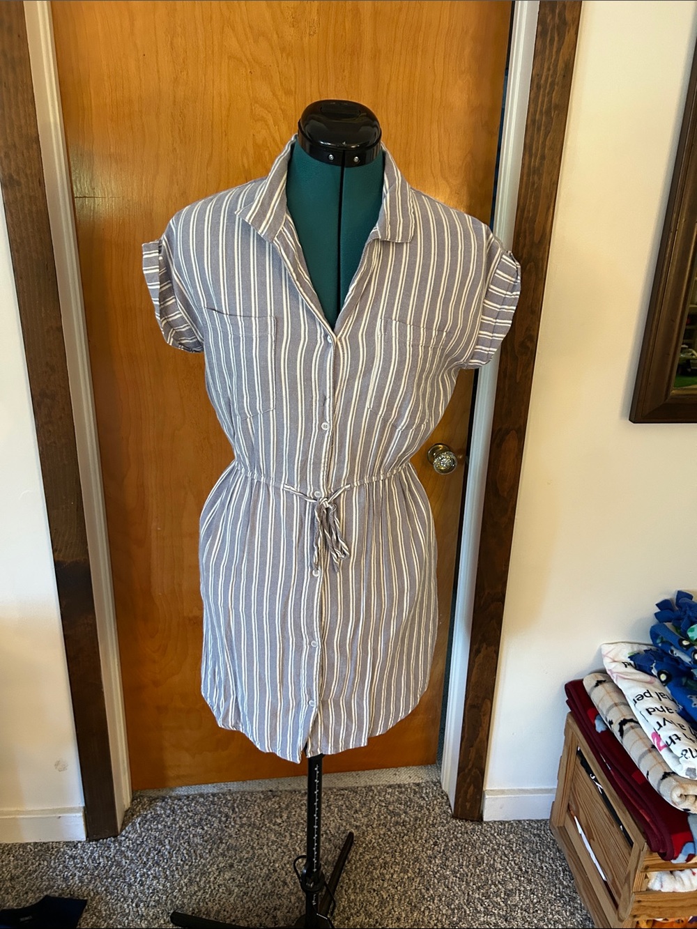 Joules Blue and White Striped Button-Front Shirt Dress